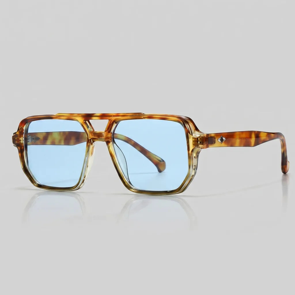 Men's C4 Yellow Tortoiseshell Frame / Blue Lenses June 10 Whitman Square Frame Shades